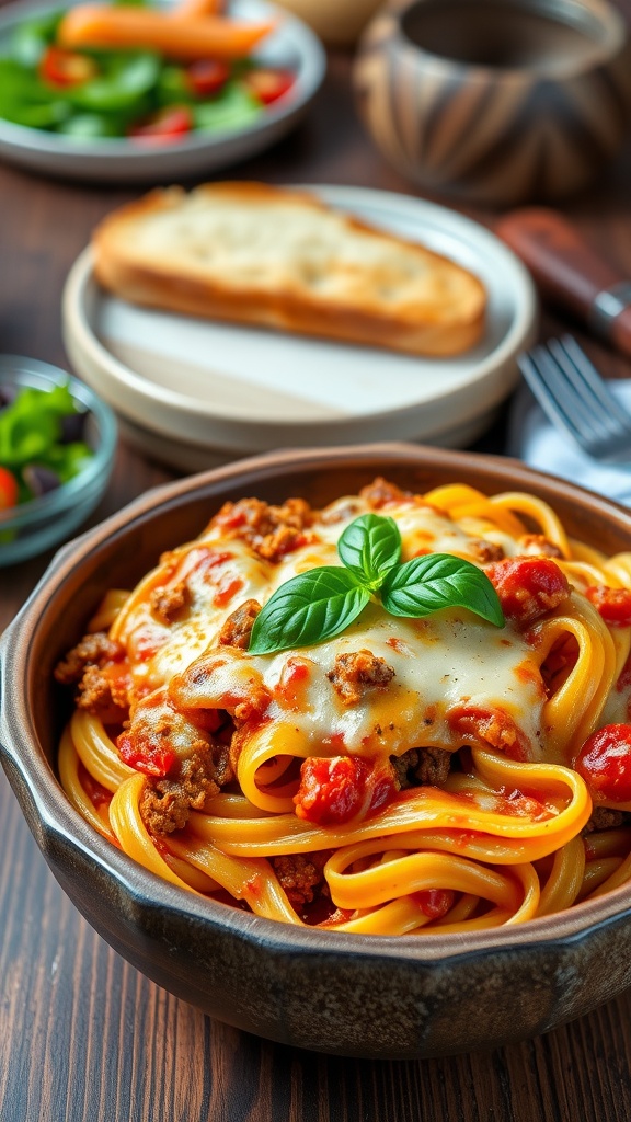 Homemade lasagna hamburger helper with ground beef, pasta, and cheese in a bowl, garnished with basil, on a rustic table with garlic bread.